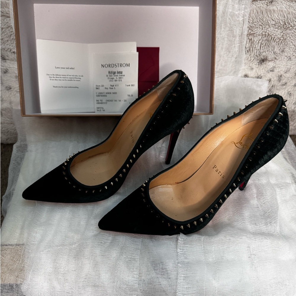 Christian Louboutin velvet dark green Studded Heels